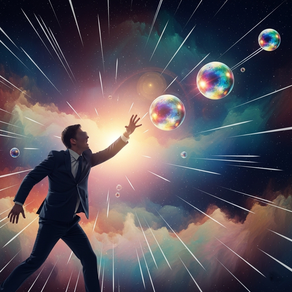 Stylised scene of a man in a suit reaching toward colorful spheres. 
                        He seems to struggle as if the spheres remain stubbornly out of reach. 
                        The spheres appear to be something otherworldly and beautiful. 
                        The scene is set against a star-lit sky with clouds hanging low in the 
                        horizon, dramatically lit by something, perhaps the sun, though this 
                        seems incongruent. The light source appears low in the sky and radiates 
                        towards the viewer.
